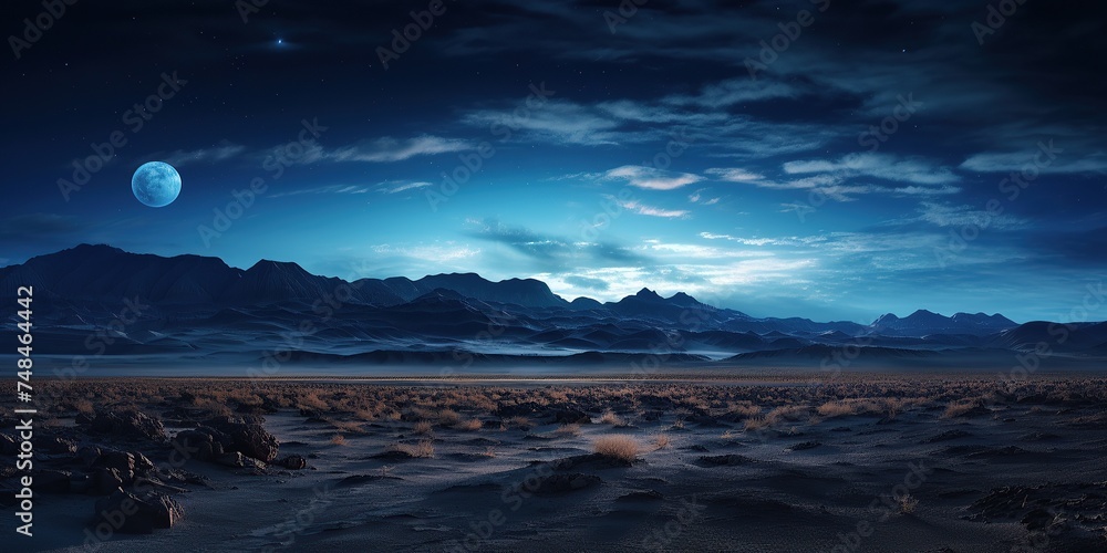 a broad panorama of a spotless desert illuminated by stars, with only the sound of the wind breaking the stillness of the night