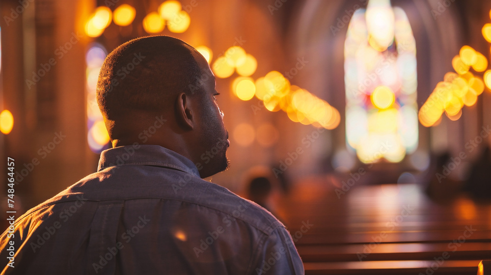Fototapeta premium Side view of a young black man praying in the catholic church