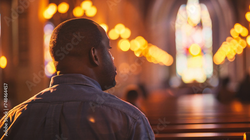 Side view of a young black man praying in the catholic church