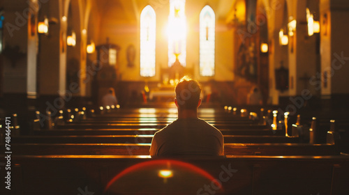 Silhouette of a man sitting in a church at sunset.
