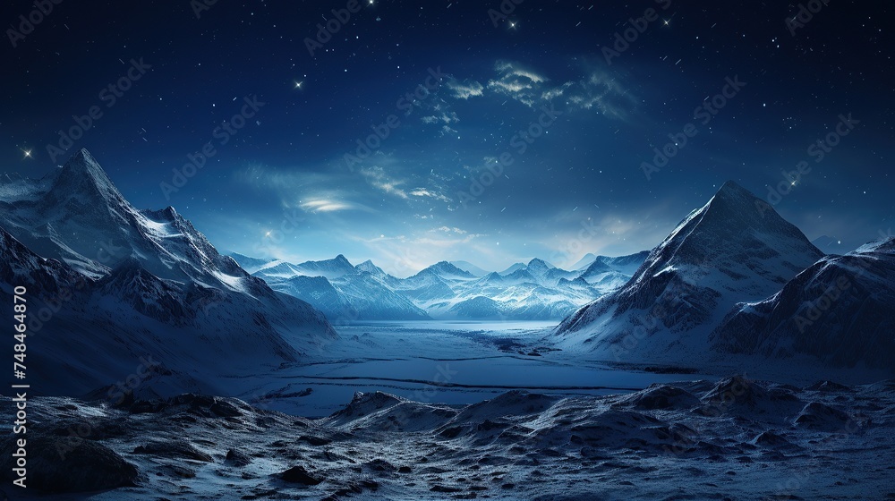 Starlit sky above a snowy mountain pass tranquil night - obrazy, fototapety, plakaty 