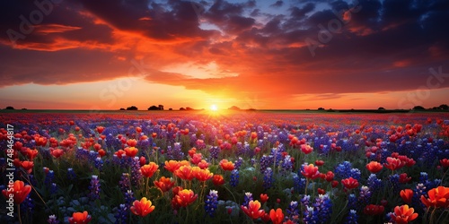 A colorful field of wildflowers in the countryside at sunset