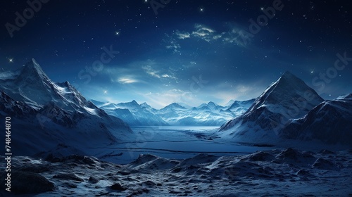 Starlit sky above a snowy mountain pass tranquil night © Dament