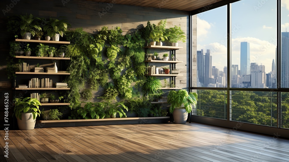 Urban loft with a view of the cityscape and a lush green wall