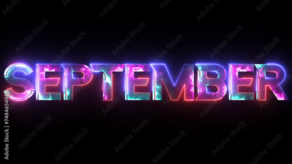 Glowing colorful light neon text month of September. Abstract glowing September month text neon light effect background. 3d illustration rendering