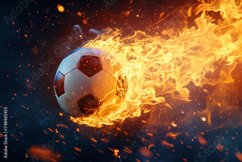 Professional football on fire leaving a trail of flames and scoring a goal