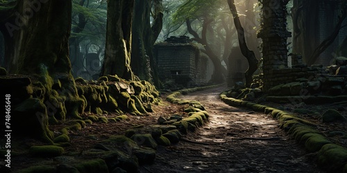 Twilight serenity in an ancient forest with a cobblestone path