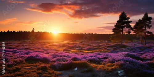 Last light falling across a peaceful field of purple heather in bloom
