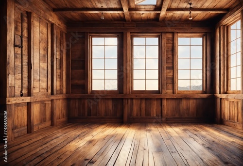 Large room with large windows in a wooden house
