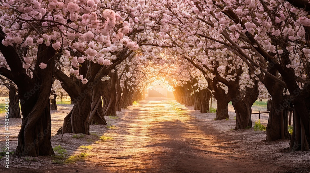 Spring garden path, blooming trees decorated with morning light