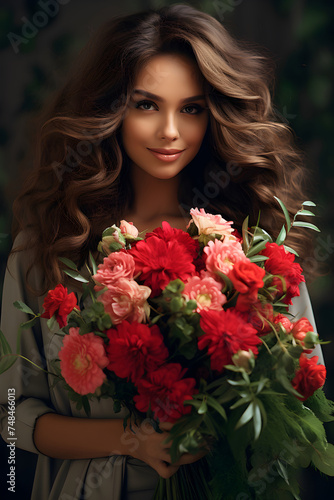 Beautiful brunette woman with long curly hairs holding big beautiful bouquet of red flowers close up in her hands. Date, Valentine Day or other holiday or event concept