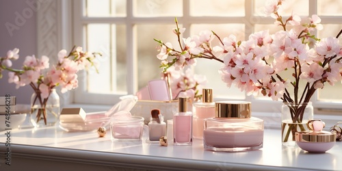 various beauty cosmetics on a beautiful table