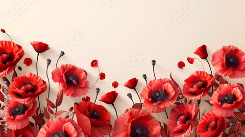 Banner with red poppy flower field symbolizing remembrance, honoring sacrifice, and commemorating history, Generative Ai.   © Dzynee