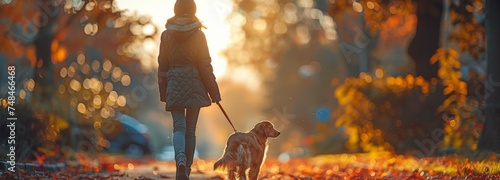 A youthful, stylish woman strolling her dog outside photo
