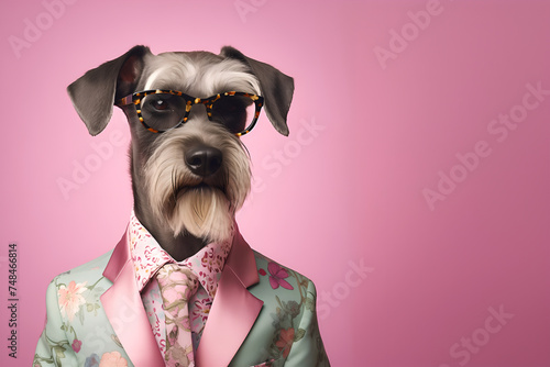Creative animal concept. Schnauzer dog puppy in glam fashionable couture high end outfits isolated on bright background advertisement, copy space. birthday party invite invitation banner