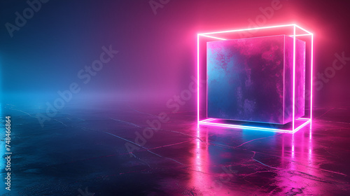 3D neon edge glowing cube isolated on dark background, emanating vibrant energy and futuristic vibes, created with Generative AI.