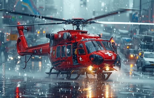 Emergency medical services provided by helicopters departing in a strong thunderstorm while drenched from a hospital helipad photo