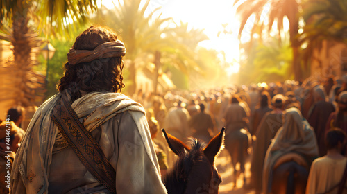 Jesus on Palm Sunday, on a donkey, received by the crowd