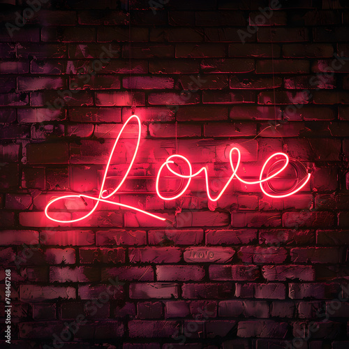 Neon Love sign on a brick wall background 