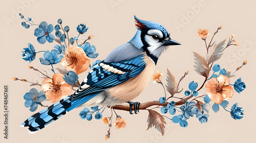 Blue Jay and Floral Illustration Isolated on Light Background, Generative Ai

