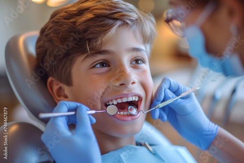 Dentist perform medical examination of a kid s teeth. Boy is looking happy  he is not afraid or not suffer pain. Mock up portrait for clinics. 