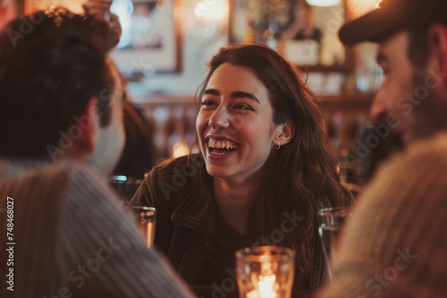 Carefree woman laughs while talking to her friends in pub