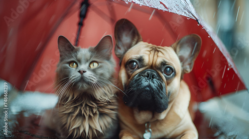 Cute cat and dog sitting under umbrella at a bright party, adorned with fluffy pompons, symbolizing pet insurance with love and care, Generative Ai.

 photo