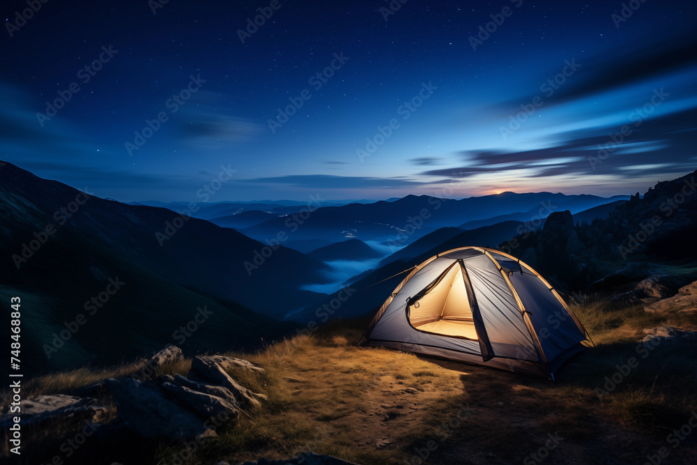 A small tent lit from within, under a night sky filled with stars. 