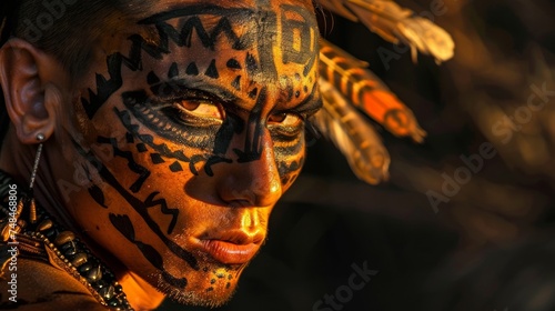 A warrior with a distinctive mohawk hairstyle his face painted with elaborate designs representing the fearsome Nanda infantry. photo