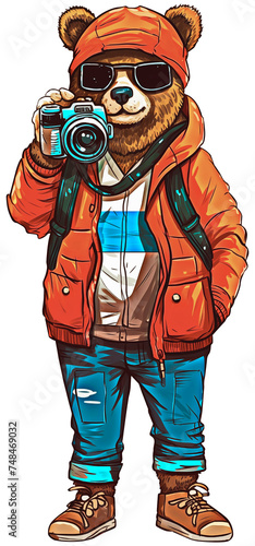 Bear wearing a t-shirt and jeans with camera, cartoon bear