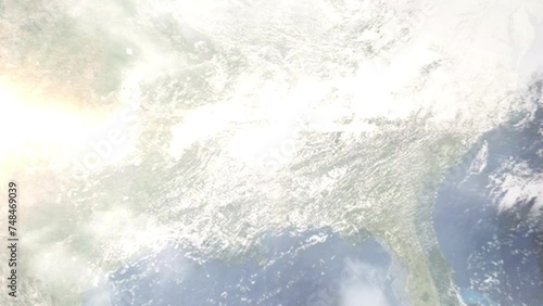 Earth zoom in from space and focus on Starkville, Mississippi, USA. 3D Animation. Satellite view. Background for travel intro. Images from NASA photo