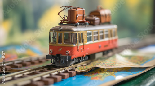 Model Tram with Luggage on Railway Tracks over Map, Symbolizing Overland Travel