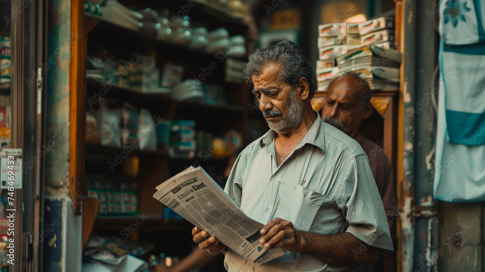 a man in an old shirt with a serious face is reading a newspaper outside a store, the shopkeeper is watching him. Generative AI a man in an old shirt with a serious face is reading a newspaper outside a store, the shopkeeper is watching him. Generative AI