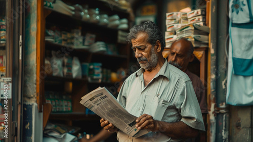a man in an old shirt with a serious face is reading a newspaper outside a store, the shopkeeper is watching him. Generative AI