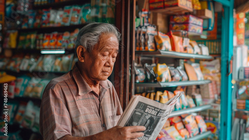 a man in an old shirt with a serious face is reading a newspaper outside a store, the shopkeeper is watching him. Generative AI