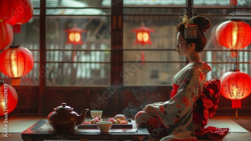 A geisha sits on the floor in a Japanese tea house with red lanterns outside. food and a teapot stand on the table in front of her. Generative AI
