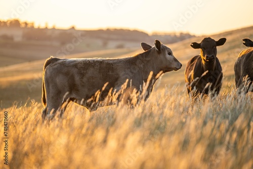 Fototapeta Naklejka Na Ścianę i Meble -  stud cattle, herd of fat cows and calves in a field on a regenerative agriculture farm. tall dry grass in summer in australia