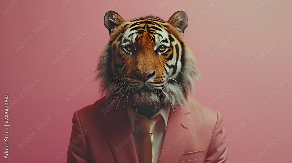 Wild anthropomorphic tiger roams the jungle wearing a friendly smile, inviting you to explore its world. Generative Ai

