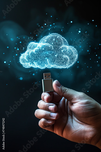 A hand holding a USB flash drive, inserting it into a holographic cloud with files and folders being transferred