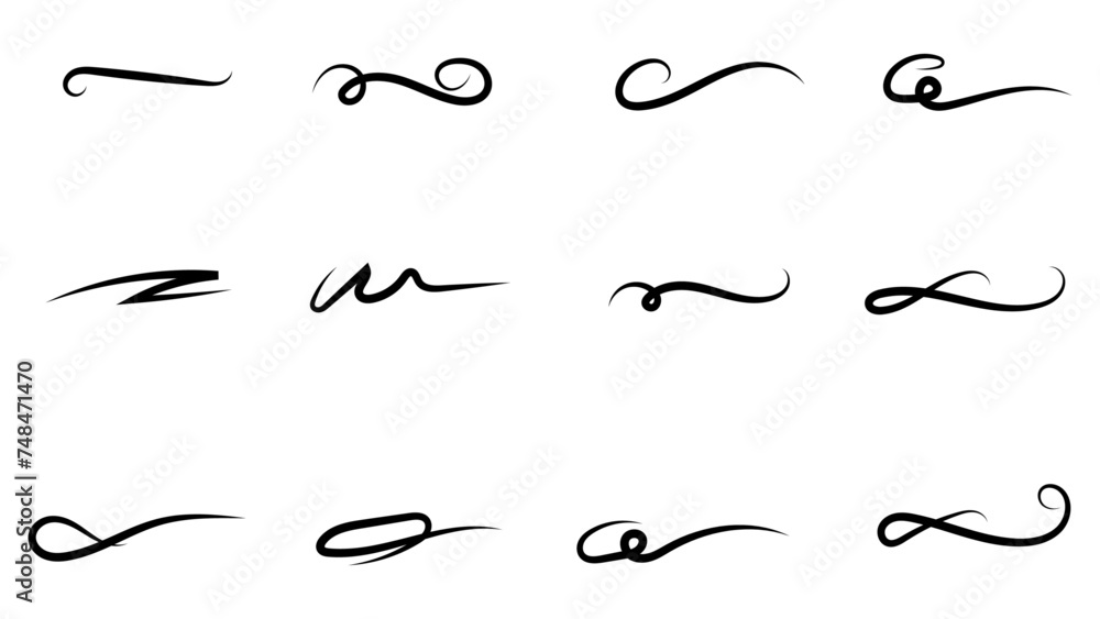 Swashes swoops and swishes calligraphy signs sets. Underlines hand drawn strokes. Brush drawn thick curved smears. Hand drawn collection of curly swishes, swashes, squiggles. Vector symbols sets. Swashes swoops and swishes calligraphy signs sets. Underlines hand drawn strokes. Brush drawn thick curved smears. Hand drawn collection of curly swishes, swashes, squiggles. Vector symbols sets.