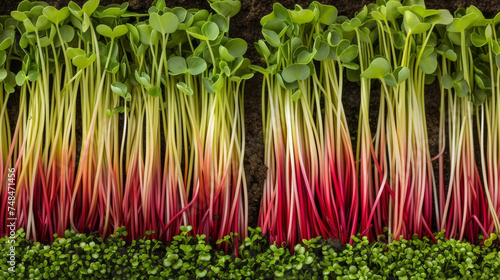 The stems of harvested microgreens are neatly arranged in rows showcasing their vibrant shades of green and red.