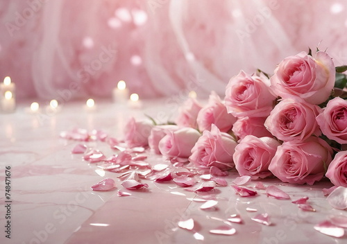 Beautiful pink roses bouquet and pink silk texture banner with copy space. Holiday background, Mother's day, birthday, valentine's day, wedding backdrop.