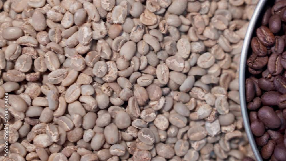 Close up view of raw and roasted coffee beans Close up view of raw and roasted coffee beans