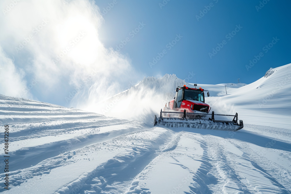 Naklejka premium Snow groomer ascending a slope
