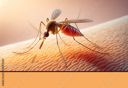 Digital artwork depicting a Yellow Fever, Malaria, or Zika Virus Infected Mosquito Insect Bite, Illustration of a mosquito insect bite transmitting Yellow Fever, Malaria, or Zika Virus photo