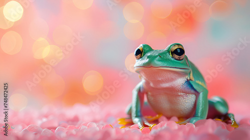 Green frog on the pastel background 29 february leap Generative Ai © Dzynee