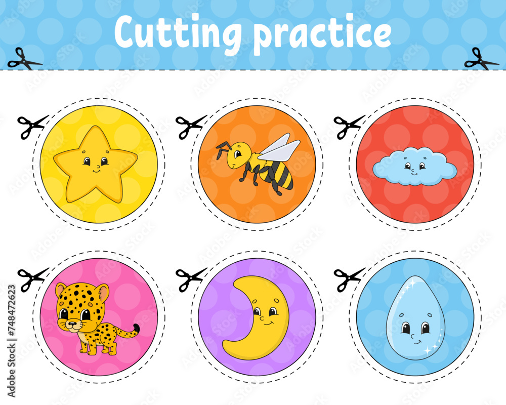 Cutting practice. Sticker sheet. Educational activity worksheet for kids and toddlers. Game for children. Vector illustration. Cutting practice. Sticker sheet. Educational activity worksheet for kids and toddlers. Game for children. Vector illustration.