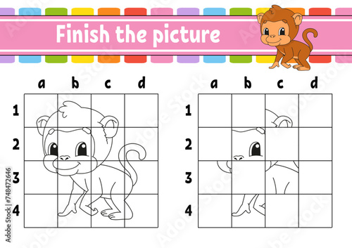 Finish the picture. Coloring book pages for kids. Education developing worksheet. Game for children. Handwriting practice. cartoon character. Vector illustration.