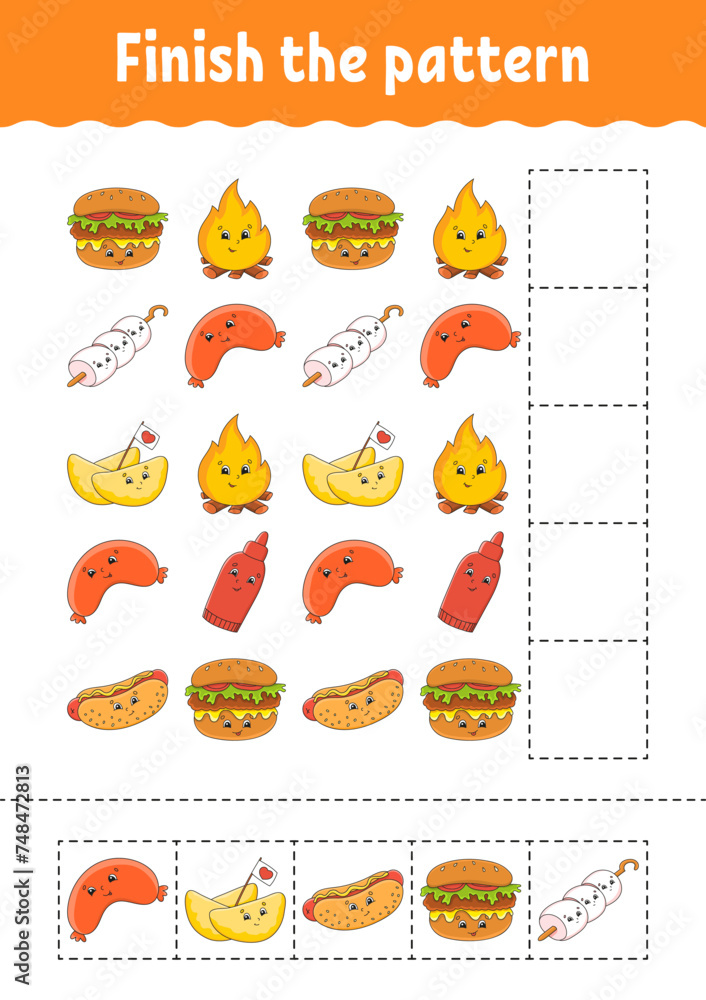 Fototapeta premium Finish the pattern. Cut and play. Education developing worksheet. Activity page. cartoon character. Vector illustration.
