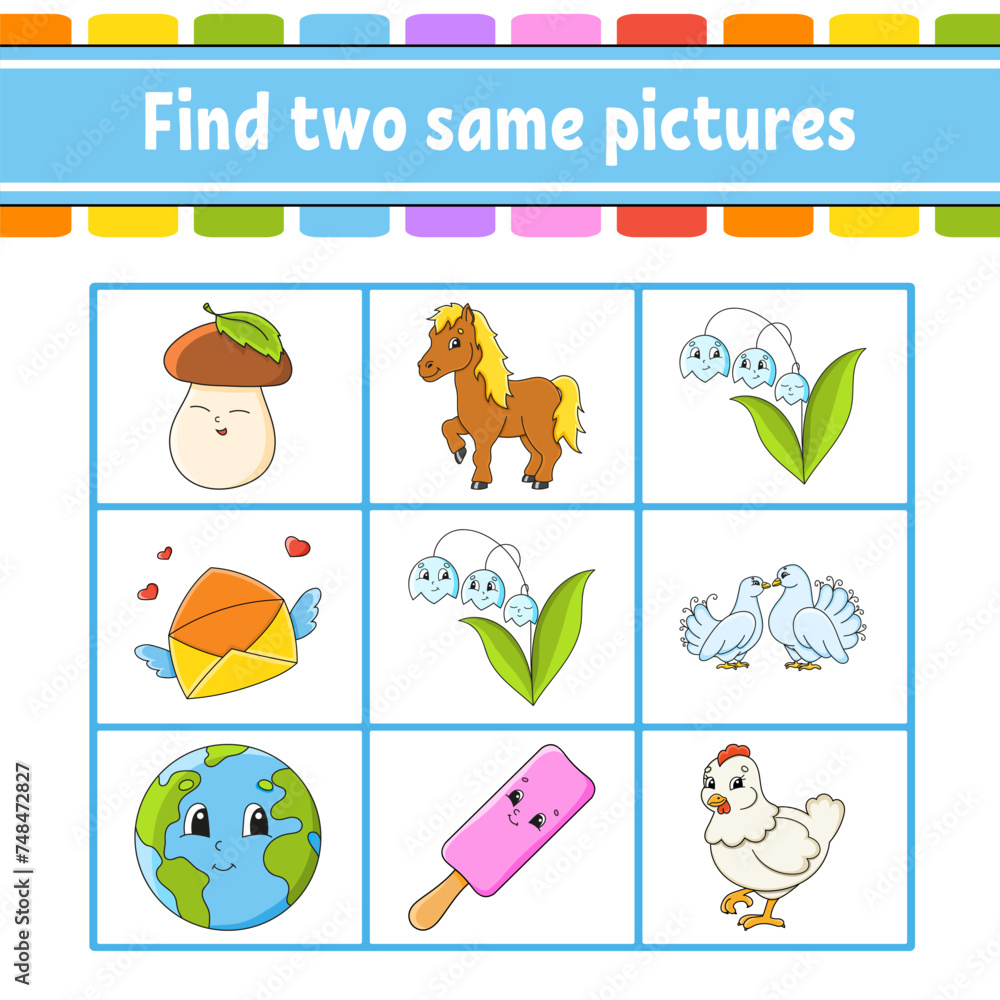Find two same pictures. Task for kids. Education developing worksheet. Activity page. Color game for children. Funny character. Cartoon style. Vector illustration. Find two same pictures. Task for kids. Education developing worksheet. Activity page. Color game for children. Funny character. Cartoon style. Vector illustration.